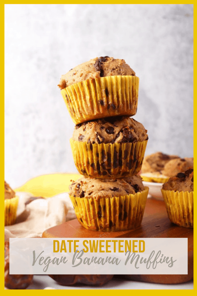 These healthy vegan banana muffins are sweetened naturally with dates and bananas for a delicious, moist, and healthy morning or midday sweet bread.