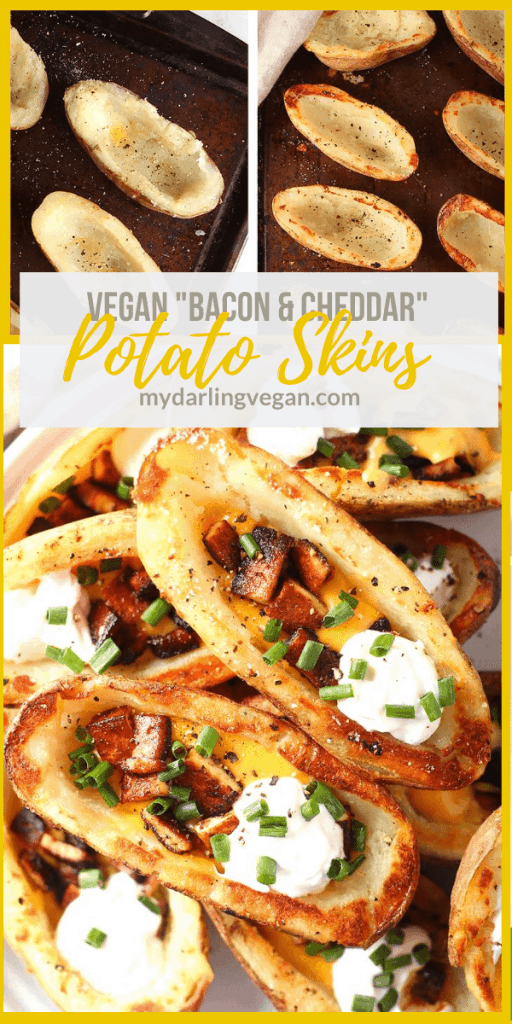 Vegan Potato Skins! They are filled with cheddar cheese sauce, tofu bacon, and vegan cream cheese.