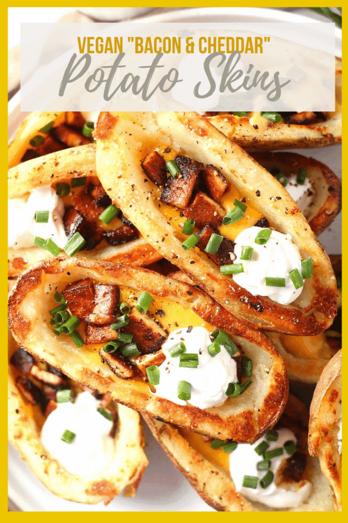 Vegan Potato Skins! They are filled with cheddar cheese sauce, tofu bacon, and vegan cream cheese.