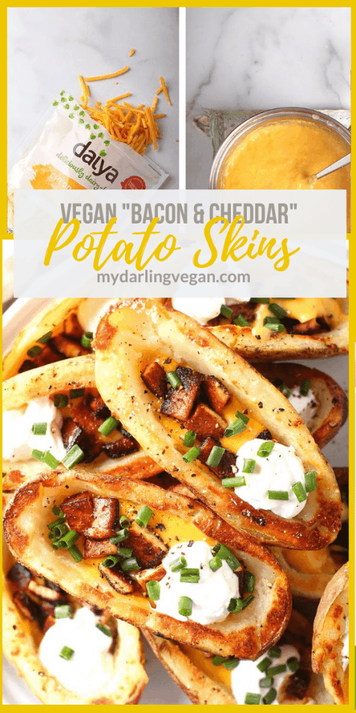 Vegan Potato Skins! They are filled with cheddar cheese sauce, tofu bacon, and vegan cream cheese.